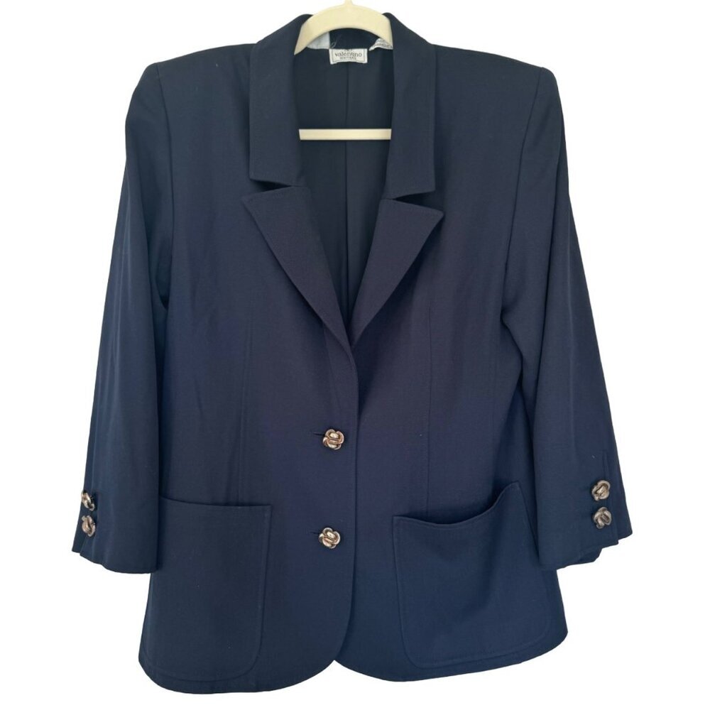 Vintage Valentino Navy Blazer w 3/4 Sleeves Size 10